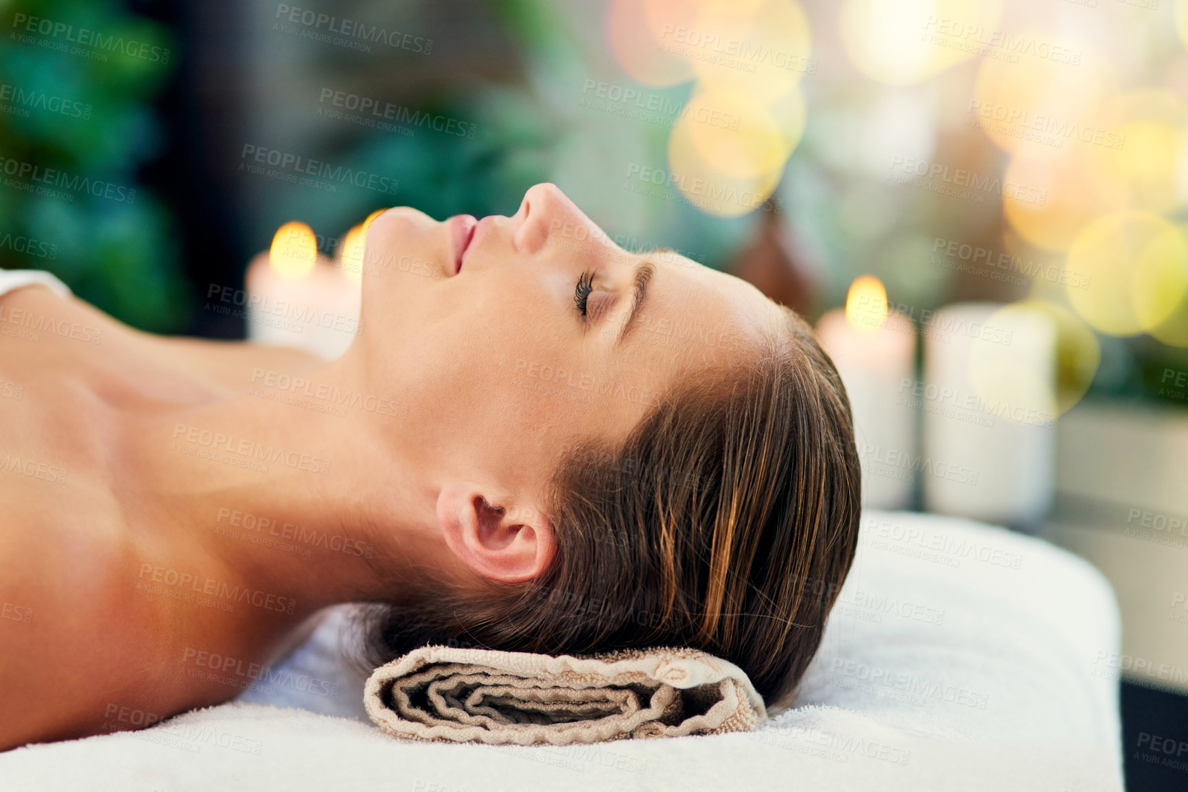 Buy stock photo Face, massage and profile with woman in spa to relax as customer for hospitality or wellness. Asleep, holistic and peace with confident person in luxury hotel or salon for detox, retreat or treatment