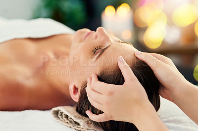 Buy stock photo Hands, head massage and masseuse with woman in spa to relax as customer for hospitality or wellness. Bed, holistic and peace with person in luxury hotel or salon for detox, retreat or treatment