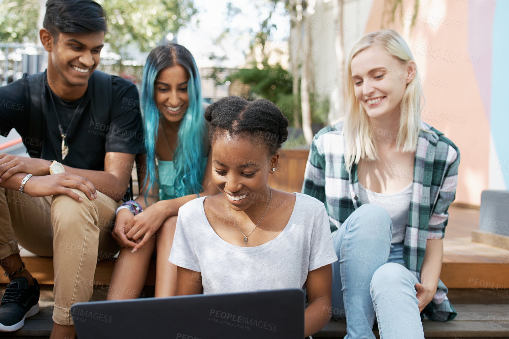 Buy stock photo University steps, laptop and friends at campus for learning, research or brainstorming group assignment. Computer, education or students with diversity, teamwork or collaboration for college homework