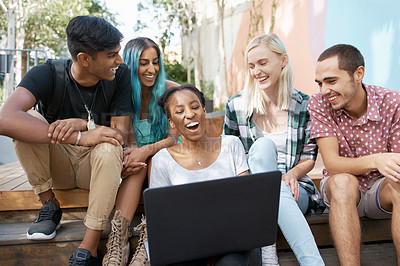 Buy stock photo Campus steps, laptop or funny friends laugh at university for learning, research or brainstorming group project. Computer, education or students with diversity, teamwork or comic for college homework