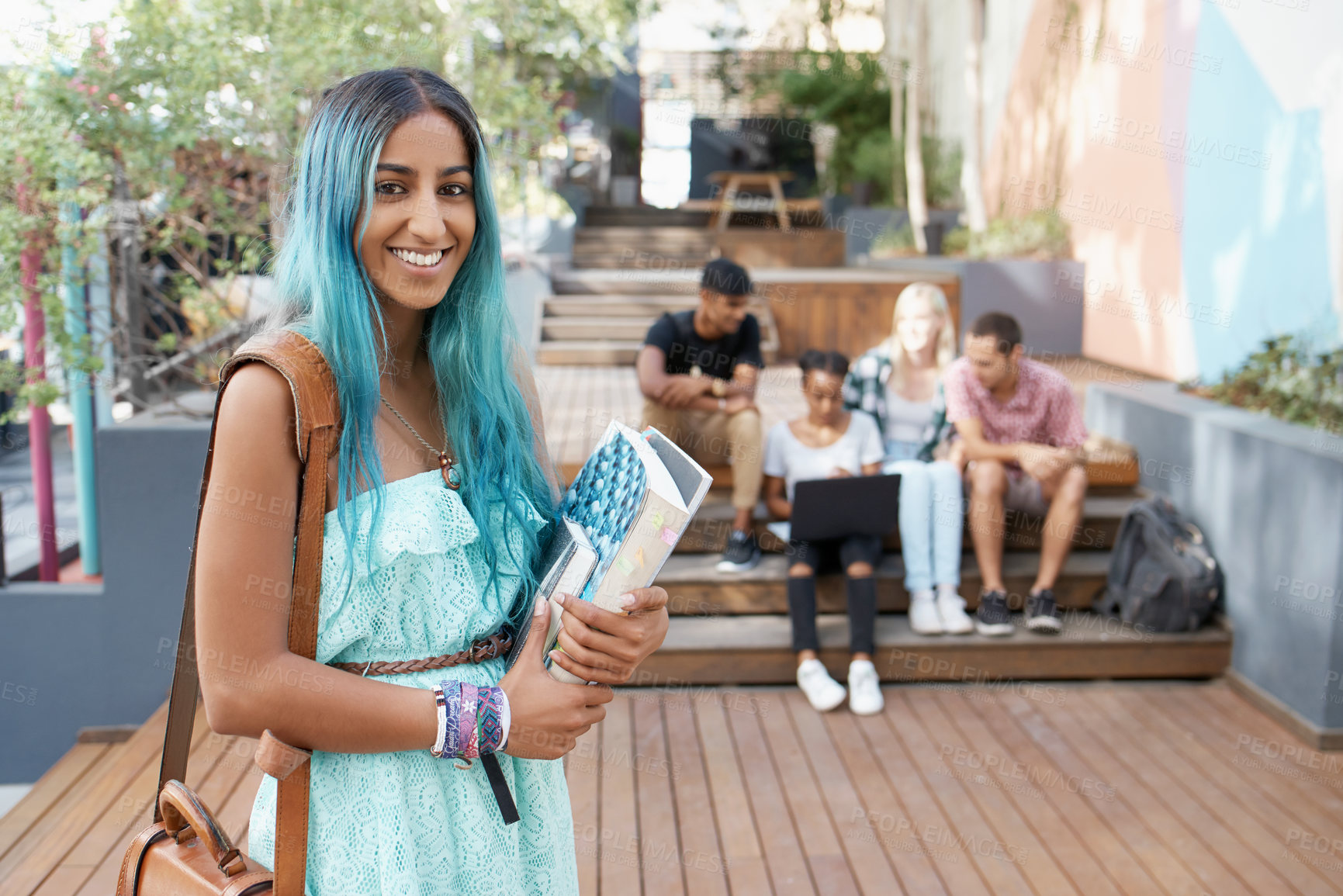 Buy stock photo Portrait, Gen z and girl with backpack, books and scholarship for education, learning and confidence. Outdoor, college and female person, happiness and summer academy and student in university