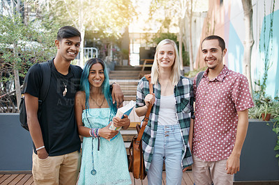 Buy stock photo Portrait, friends and happy students at college on campus outdoor for education, learning or diversity. Smile, university and group of young people together for scholarship, bonding and book to study