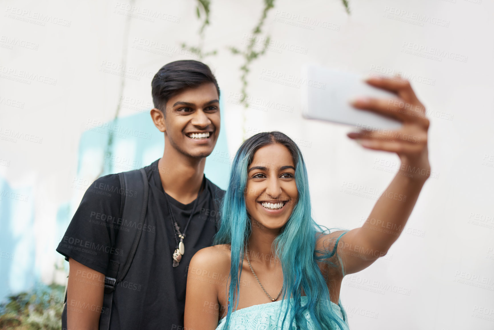 Buy stock photo Students, selfie or friends on social media, memory or happiness of bonding together on campus. Indian people, photography or smile to update, post or share dream of community network online