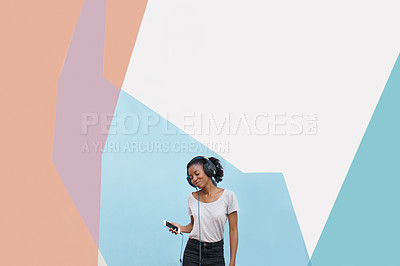 Buy stock photo Girl, headphones and phone for streaming in studio, website and online for playlist on colorblock background. Black female person, mockup space and internet for social media, kpop and app for music