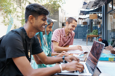 Buy stock photo Outdoor, campus and college student in study group with friends and learning together with laptop. Research, project and writing essay with collaboration or course with teamwork on assignment task