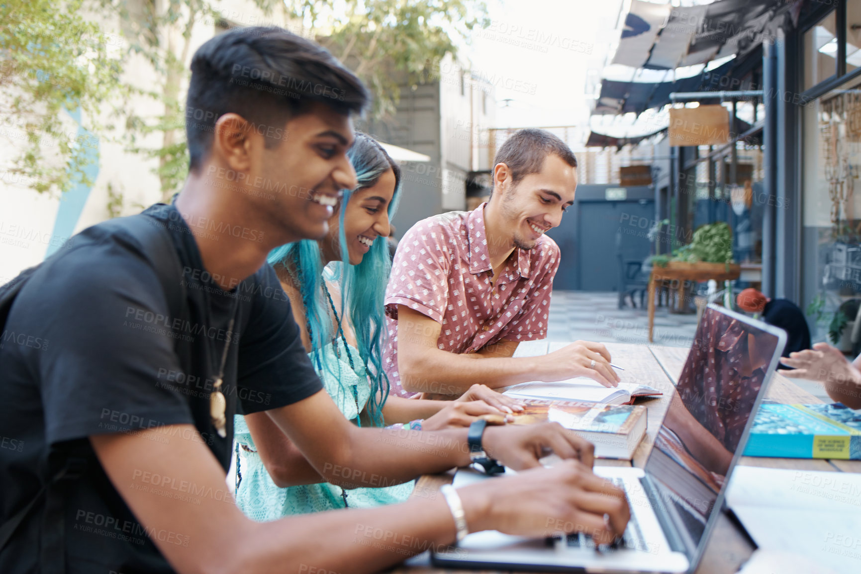 Buy stock photo Outdoor, campus and college student in study group with friends and learning together with laptop. Research, project and writing essay with collaboration or course with teamwork on assignment task