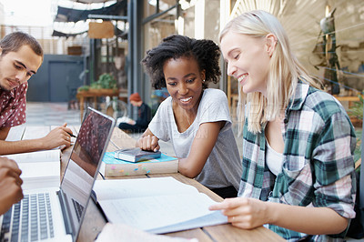 Buy stock photo Study, outdoor and college student on campus with friends and learning together with laptop. Research, project and writing essay with group collaboration or course with teamwork on assignment task