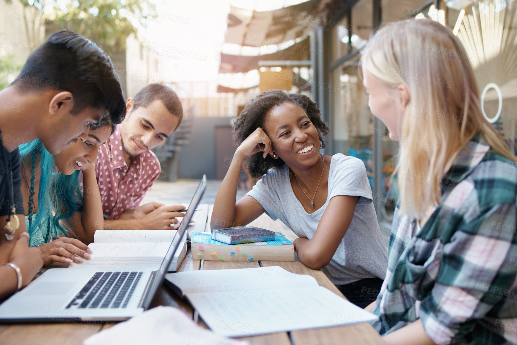 Buy stock photo International, students and study on campus at college with friends and learning in community with diversity. Research, project or course with collaboration and support of teamwork on assignment task