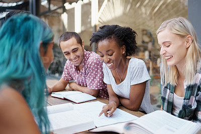 Buy stock photo Students, friends and study outdoor at university with books, laptop and learning for education and campus. Group, gen z people and teamwork research with smile, diversity and college break by table