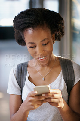 Buy stock photo Cellphone, smile and black woman networking at university with mobile app, internet or website. Happy, technology and African female student typing and read email online with phone at college campus.