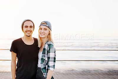 Buy stock photo Couple, portrait and hug at beach for travel with mockup space, smile and summer holiday on promenade. Gen z people, face and happy by ocean for bonding, embrace and seaside vacation in the morning