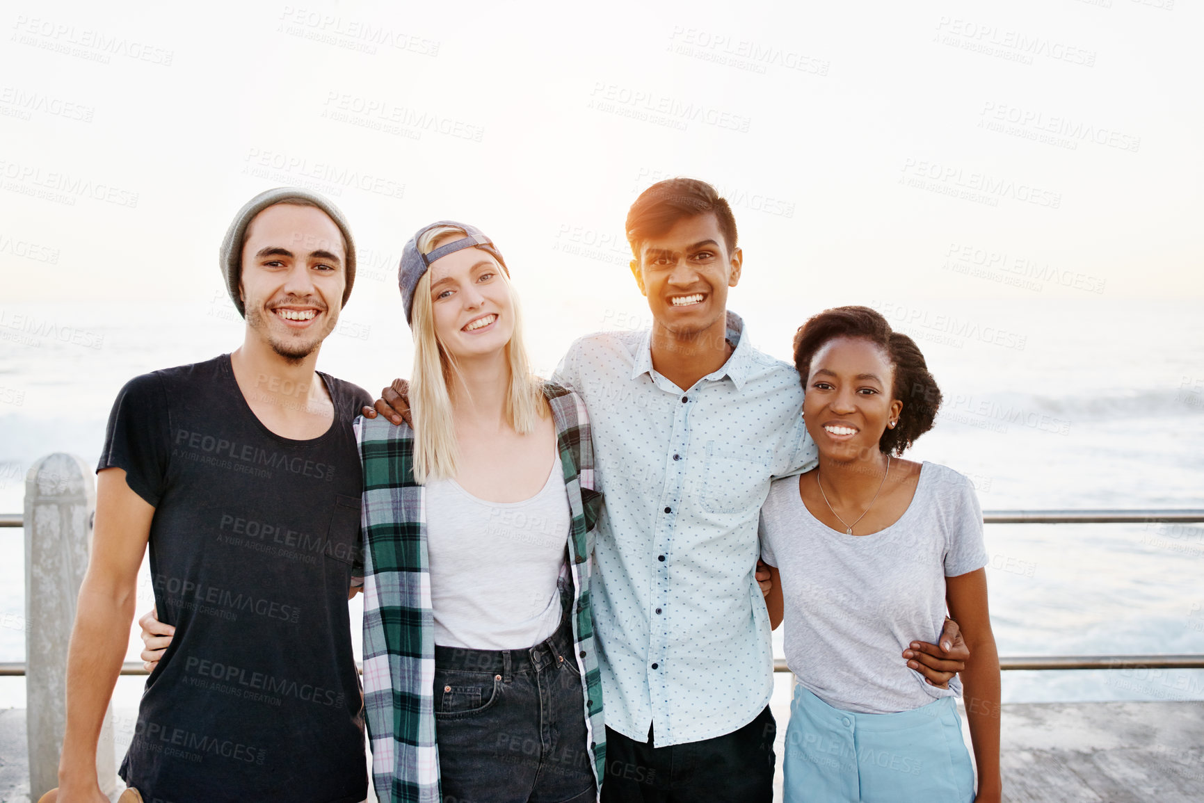 Buy stock photo Happy, hug and portrait of friends by ocean for holiday, summer vacation and relax outdoors. Diversity, promenade and men and women smile by seaside for travel, weekend and together for bonding