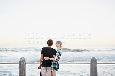 Buy stock photo Couple, skateboard and happy on beach for love with mockup space, adventure or promenade date. Gen z skater, people and travel on boardwalk for bonding, embrace and outdoor fun with morning waves