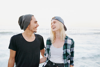 Buy stock photo Happy, couple and walk on beach for date on holiday or adventure on vacation in summer with love. Embrace, woman and man with support and care for partner at ocean or sea to relax outdoor together