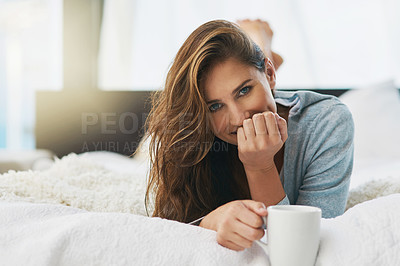 Buy stock photo Woman, portrait and relax on bed for coffee for weekend break, peace or wellness in home. Apartment, morning or happy person in bedroom drinking tea or beverage for holiday vacation 