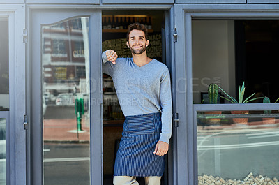 Buy stock photo Happy, small business and portrait of man at coffee shop for service industry, welcome or smiling. Confidence, entrepreneur and male barista with apron at cafe entrance, doorway or front door