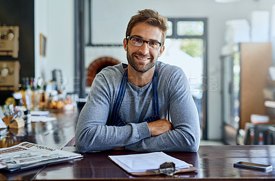 Buy stock photo Restaurant, smile and portrait of man with clipboard for inventory, checklist or feedback of store. Small business, pizzeria and waiter with paperwork for supply chain, review or price list of stock