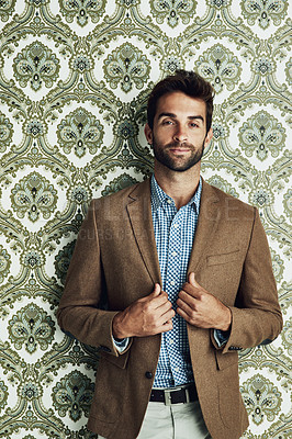 Buy stock photo Man, portrait and fashion on wallpaper or stylish confidence with suit jacket with pattern background, classy or pride. Male person, face and beard with clothing for party event, trendy or relaxed