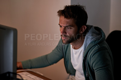 Buy stock photo Remote work, worry and man thinking with computer in home office for glitch, 404 or scam alert. Freelance, pc and writer reading, newsletter and fake news research for celebrity, gossip or article