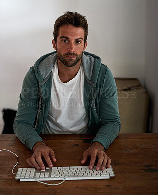 Buy stock photo Tired, designer and portrait with computer working at night for research, information or creative idea. Exhausted, employee or sleepy businessman at desk for evening deadline, stressed and burnout