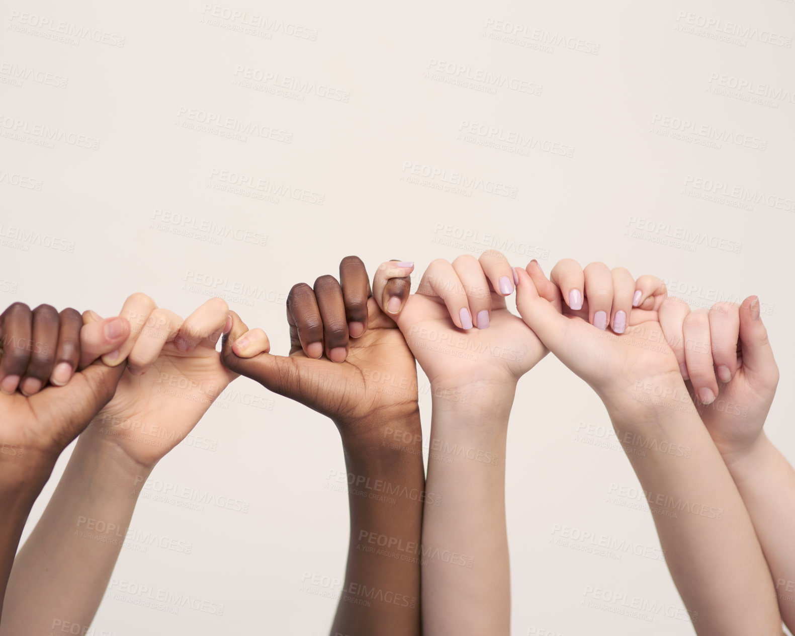 Buy stock photo hands, people and support in studio with unity for community outreach, teamwork and solidarity in diversity. Collaboration, bonding and trust with synergy, campaign and closeup on white background