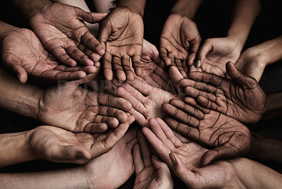Buy stock photo Hands, people and beg with gesture for symbol with trust for motivation with unity in community with gratitude or kindness. Support, sign and solidarity with diversity for growth with connection