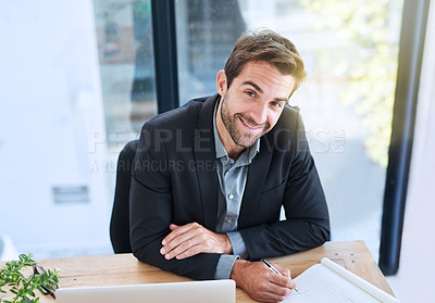 Buy stock photo Portrait, business and man writing, smile and lawyer with notes for court case and computer. Laptop, legal aid and advocate with planning and research for defense and attorney in modern office