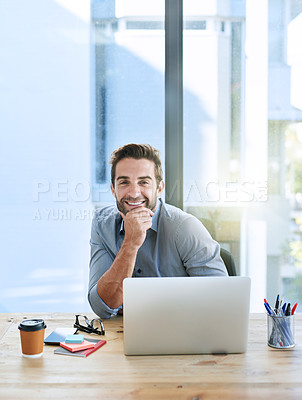 Buy stock photo Portrait, smile or business with laptop, man or employee with professional  startup in modern office. Face, magazine editor or journalist with computer, publisher or confidence for article research