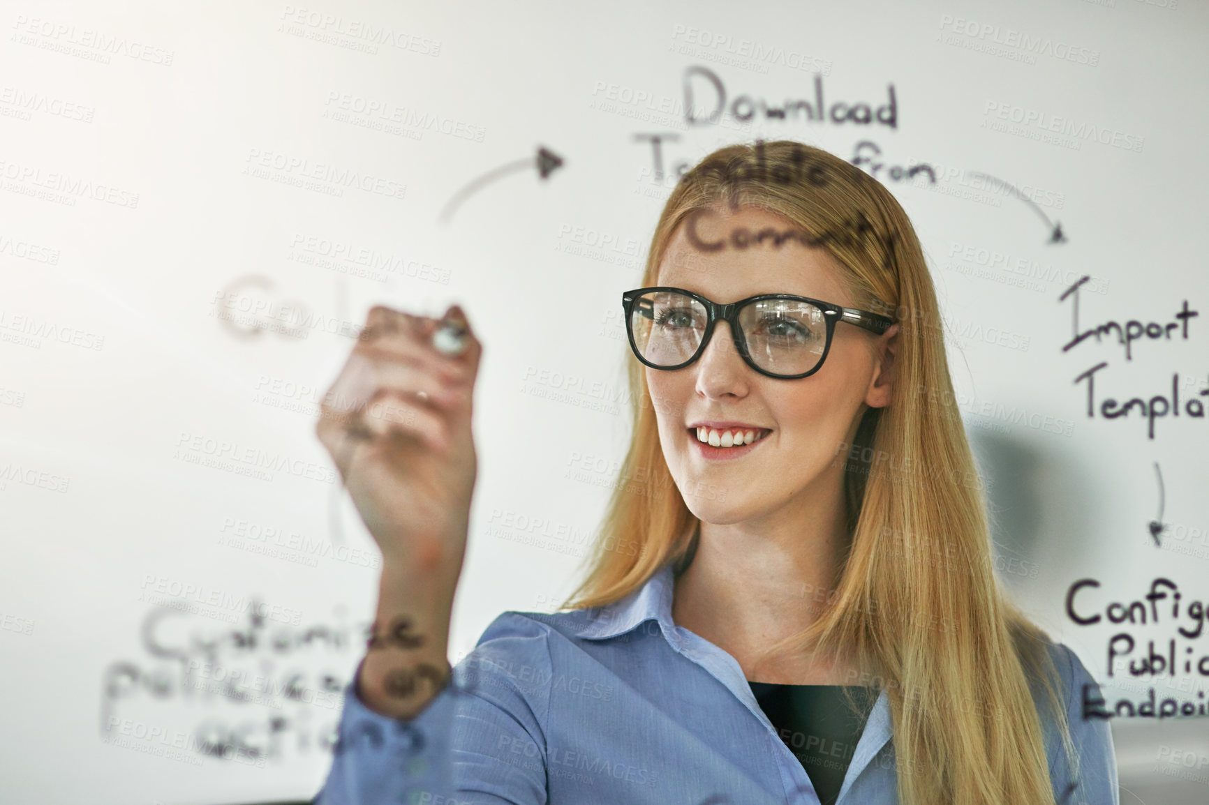 Buy stock photo Glass, planning and writing with business woman in office to brainstorm steps for guide or process. Face, mindmap and smile with confident young public relations employee in workplace for strategy