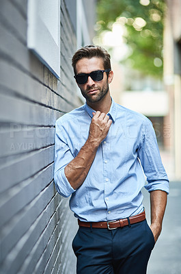 Buy stock photo Business fashion, confidence and portrait of man with glasses, professional clothes and leaning on city wall. Designer outfit, luxury apparel and businessman with cool attitude, style and formal wear