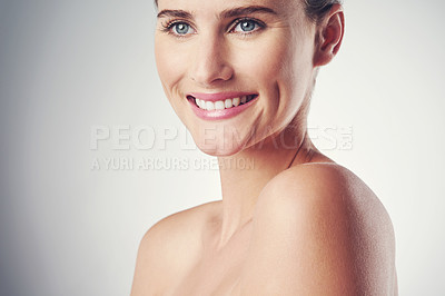 Buy stock photo Woman, skincare and happy in studio for beauty with soft, smooth and clear skin with wellness. Girl, isolated and white background for cosmetics or dermatology, self care and confidence with mockup