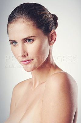 Buy stock photo Woman, skincare and thinking in studio for beauty with soft, smooth and clear skin with wellness. Girl, isolated and white background for cosmetics or dermatology, self care and naked with confidence