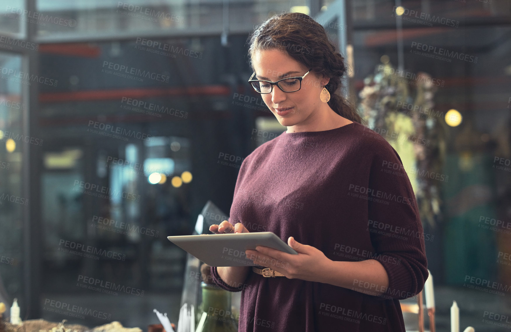 Buy stock photo Employee, gallery and woman with tablet, typing and art director in store, website info and connection. Person, internet and admin with tech, check inventory and digital app for schedule and creative