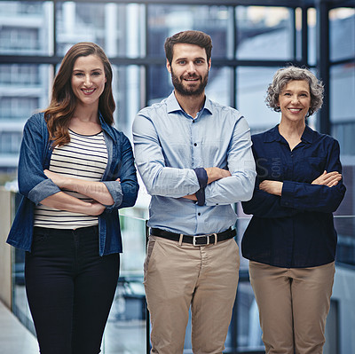 Buy stock photo Portrait, smile and business people with arms crossed in office for partnership, trust and mission solidarity. Corporate, support and human resources team with professional pride, integrity and goals