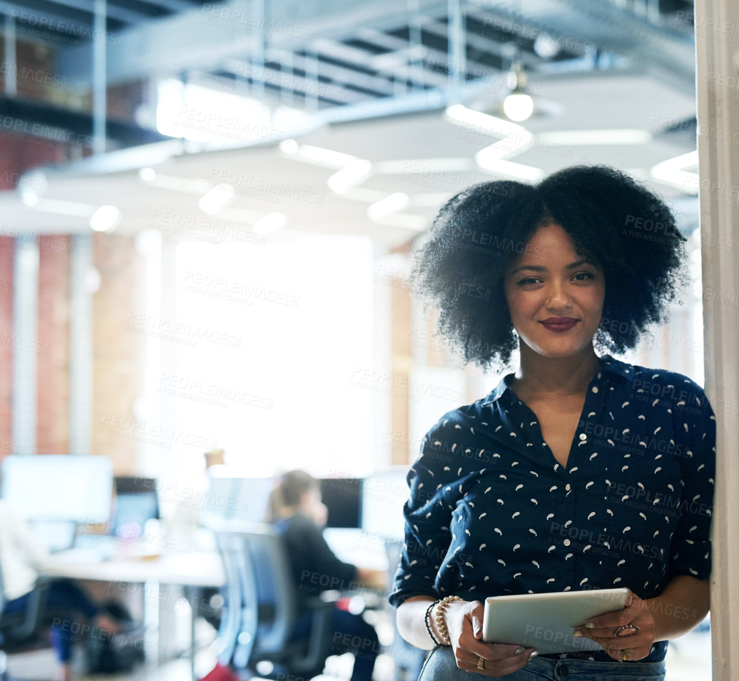 Buy stock photo Office, pride and portrait of black woman with tablet for web design, development or communication. Employee, smile and designer at creative agency with tech for online connection, network or ux plan
