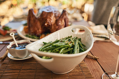 Buy stock photo Food, vegetables and nutrition with table setting for Christmas or thanksgiving celebration, dinner or lunch meal closeup. Healthy meal, green beans vegetable and dinner party to celebrate.