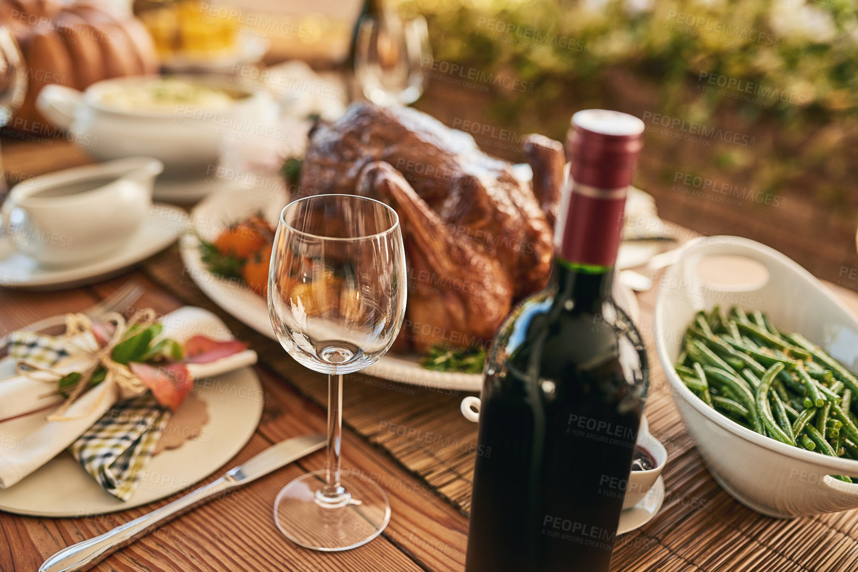 Buy stock photo Top view, wine glass and food at luxury restaurant, chicken and vegetable. Alcohol, meal, fresh meat and arranged for lunch on a vineyard with wine tasting on a farm during a weekend or healthy lunch
