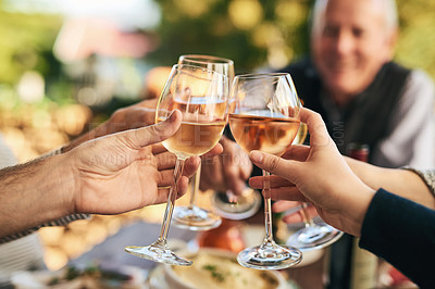 Buy stock photo Party, wine and toast with hands of friends for dinner, celebration and happy holiday. Food, social and event with group of people and cheers with glass for lunch, support and family reunion