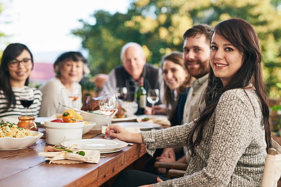 Buy stock photo Family, dinner and party, celebrate with food and smile in portrait with holiday or anniversary together. Dinner party, happy and outdoor feast, table with men and women ready to eat and drink.