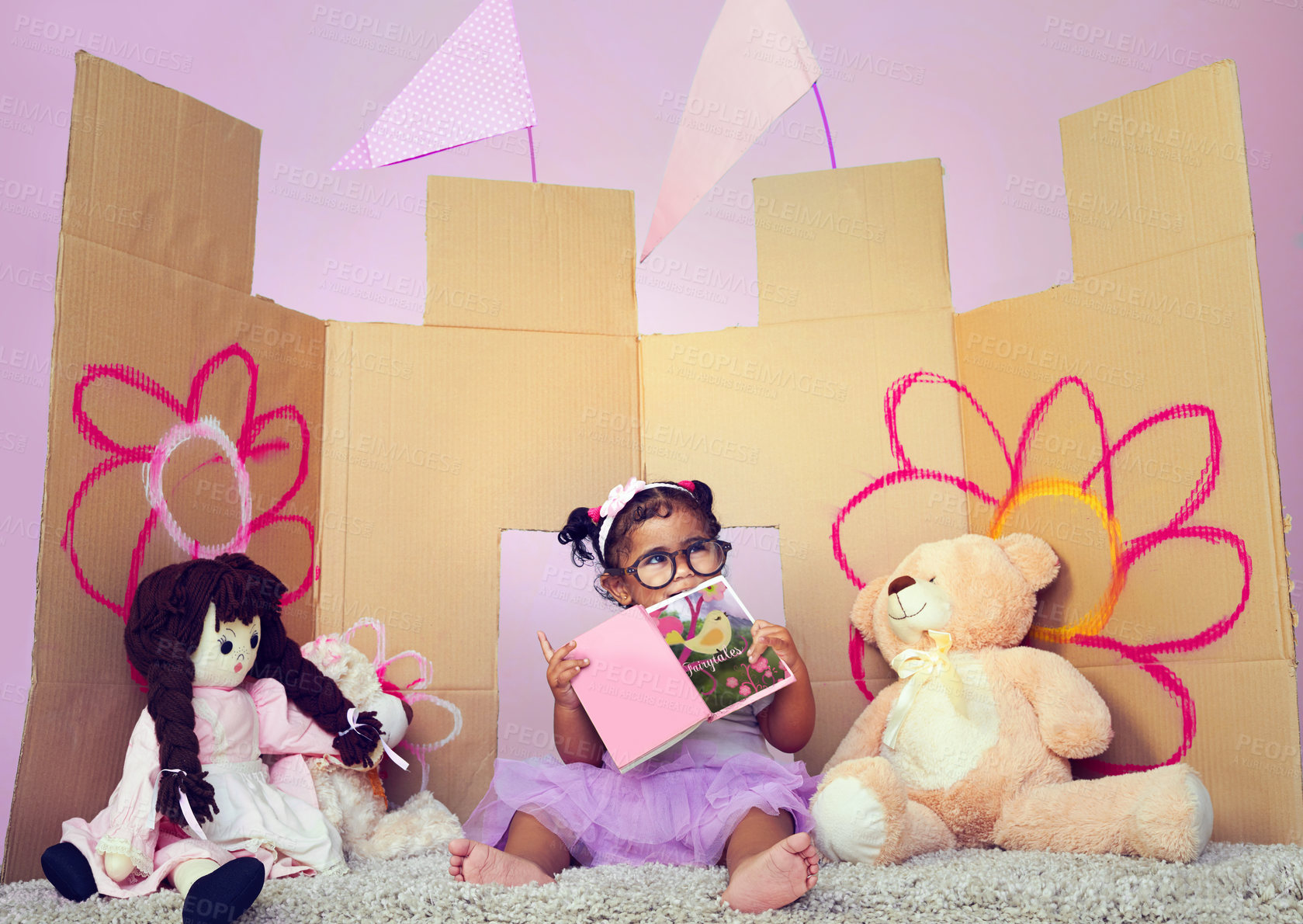 Buy stock photo Girl, princess and thinking with castle for fairy tale, make belief or dream with imagination at home. Happy child, toddler or baby playing with teddy bear for game, fantasy or cosplay in costume