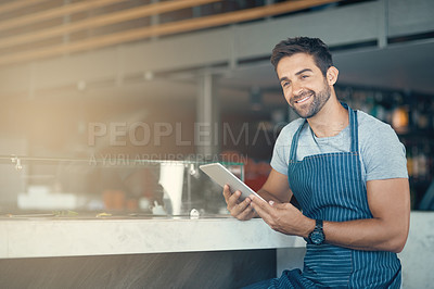 Buy stock photo Business, apron and man with tablet, thinking and internet with digital app, service and restaurant. Online order, person and entrepreneur with tech, schedule and waiter in cafe, decision and barista