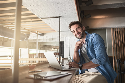 Buy stock photo Man in cafe, portrait with laptop and small business, entrepreneur in hospitality industry and connectivity. Happy male owner, coffee shop franchise and wireless connection with digital admin on pc