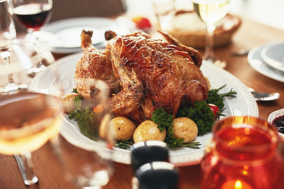 Buy stock photo Food, roast chicken and thanksgiving on dining room table of home closeup for celebration event. Eating, feast and meal with cuisine dish in apartment for festive holiday or party in America