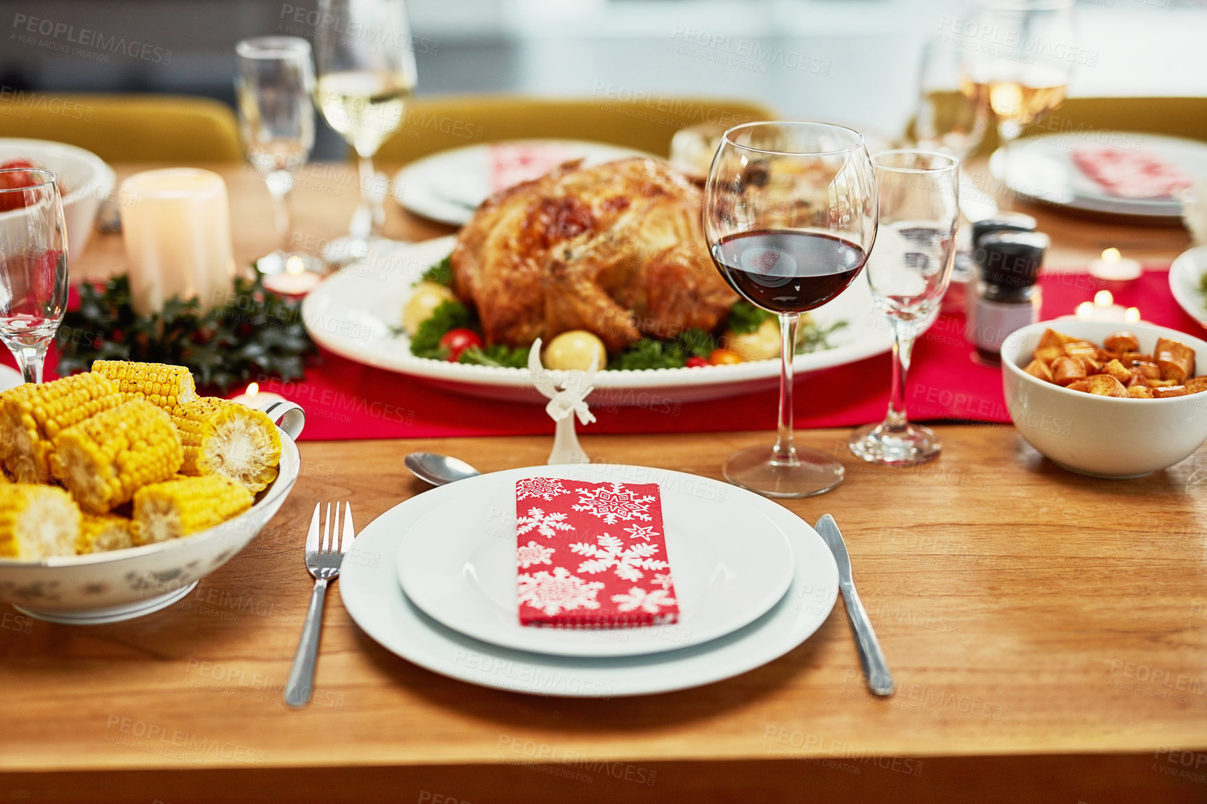 Buy stock photo Christmas, food and plate on table in home for dinner party, celebration and family or social event. Closeup of feast, lunch and gourmet meal for holiday, festive eating and Thanksgiving with wine