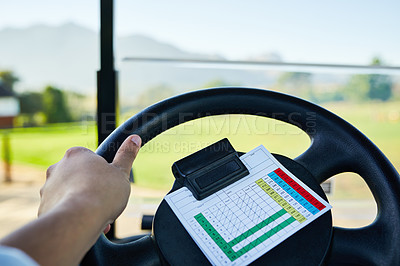 Buy stock photo PoV shot of a unrecognizable person driving a golf cart to the next hole