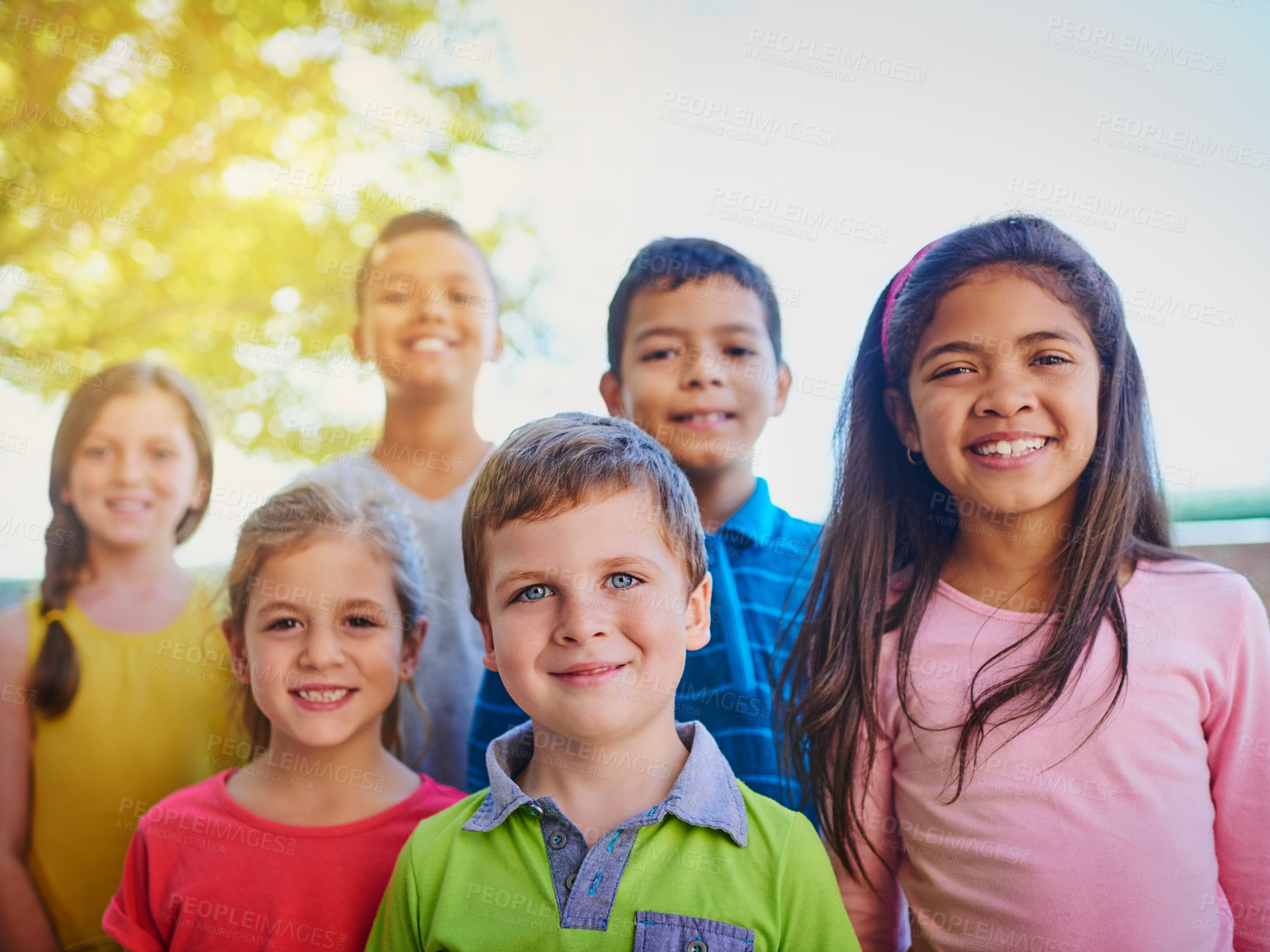 Buy stock photo Happy, friends and portrait of children in park for playing, bonding and fun together outdoors. Youth, diversity and young boys and girl in nature for childhood, adventure and learning on playground