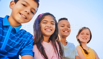 Buy stock photo Portrait of a diverse group of children outside