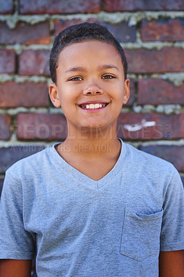 Buy stock photo Portrait of an adorable young boy outside