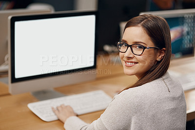 Buy stock photo High angle portrait of a young female university student studying in the library