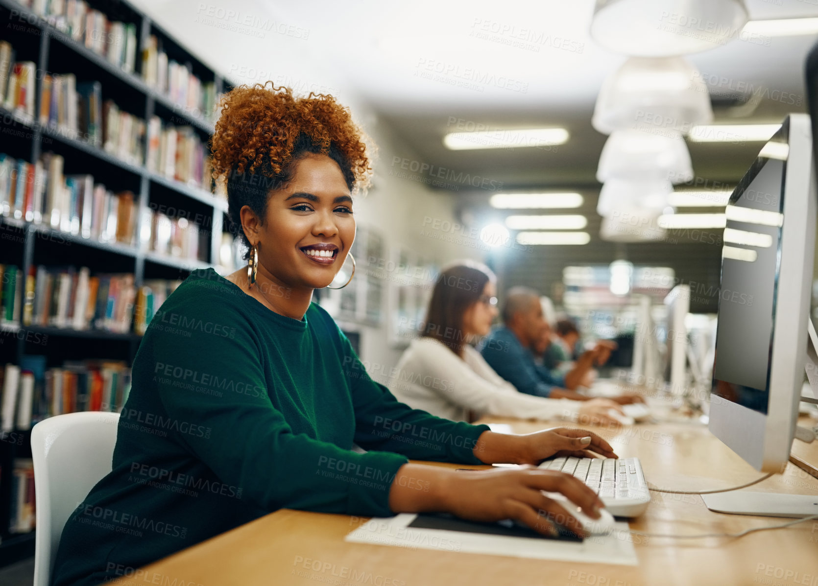 Buy stock photo Student, computer and face in college library for literature course, research and scholarship opportunity. Black woman, study and portrait in university for education, learning or writing ebook story